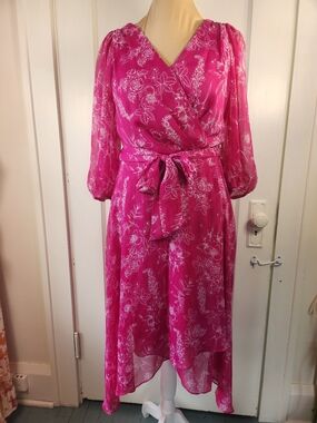 Chaps Roses Hot Pink Floral Faux-Wrap Dress